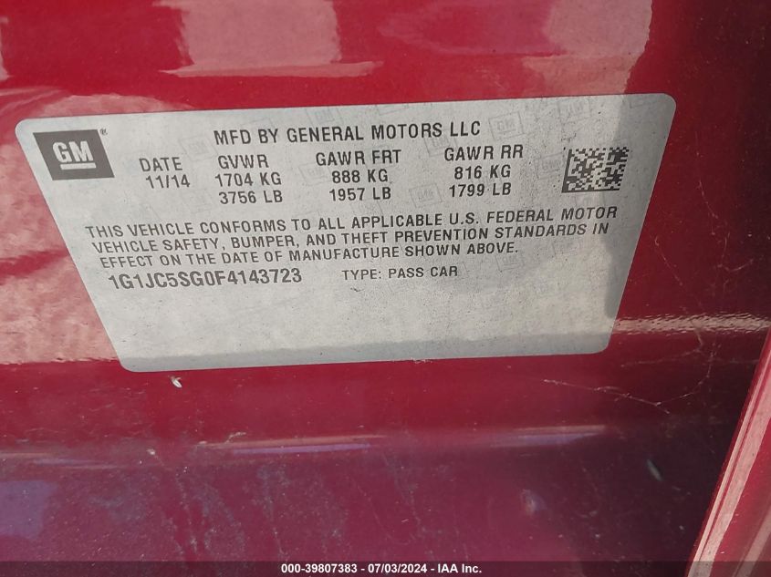 2015 Chevrolet Sonic Lt Auto VIN: 1G1JC5SG0F4143723 Lot: 39807383