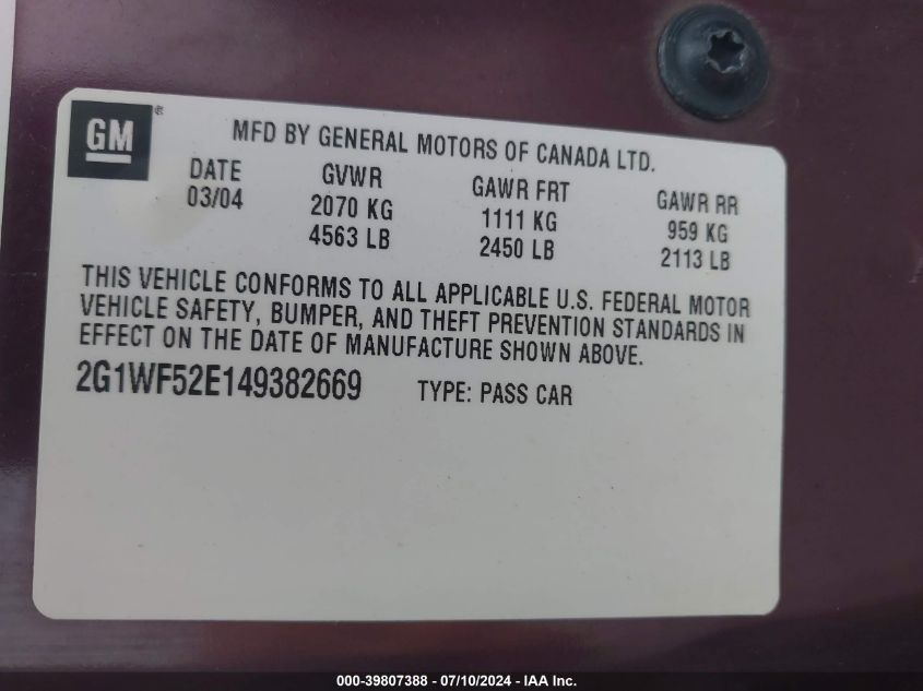 2004 Chevrolet Impala VIN: 2G1WF52E149382669 Lot: 39807388