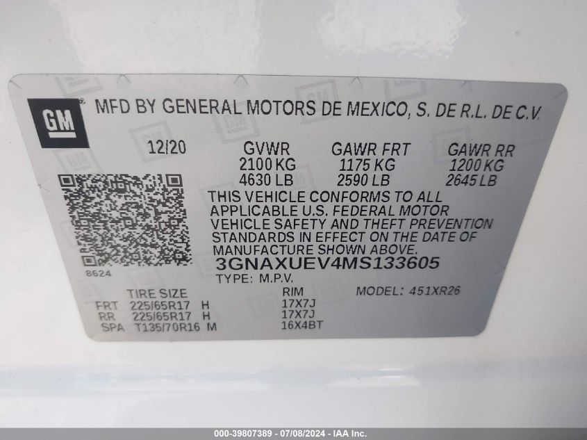 2021 Chevrolet Equinox Awd Lt VIN: 3GNAXUEV4MS133605 Lot: 39807389