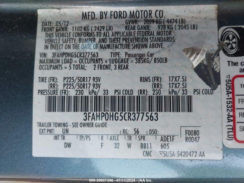 2012 Ford Fusion Se VIN: 3FAHP0HG5CR377563 Lot: 39807390