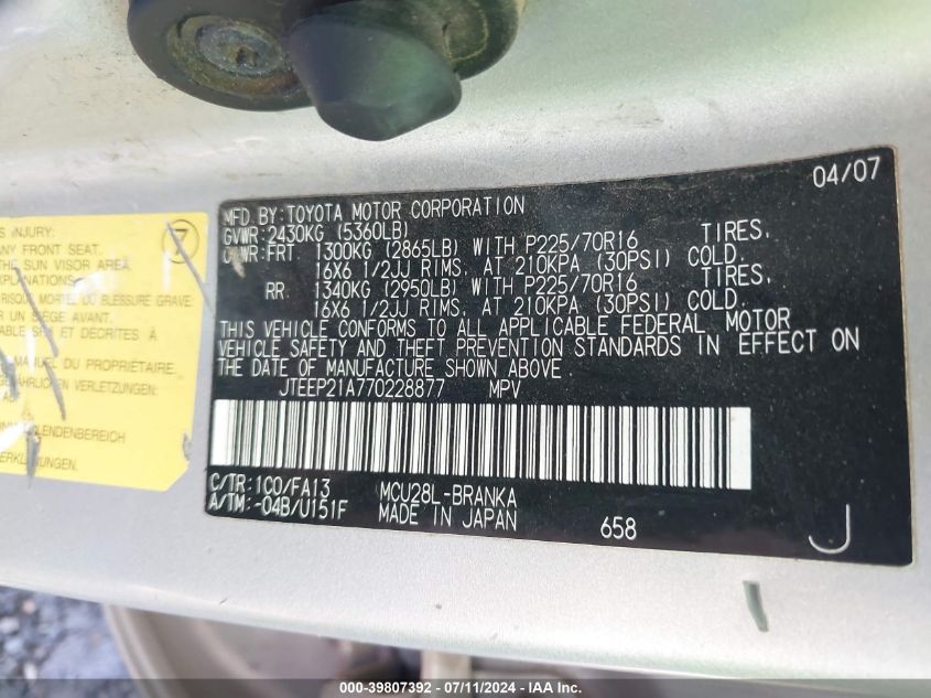 2007 Toyota Highlander V6 VIN: JTEEP21A770228877 Lot: 39807392