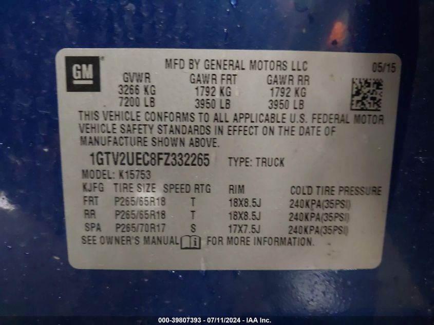 2015 GMC Sierra 1500 Sle VIN: 1GTV2UEC8FZ332265 Lot: 39807393