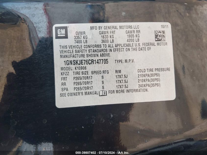 2012 Chevrolet Suburban 1500 Lt VIN: 1GNSKJE76CR147705 Lot: 39807402