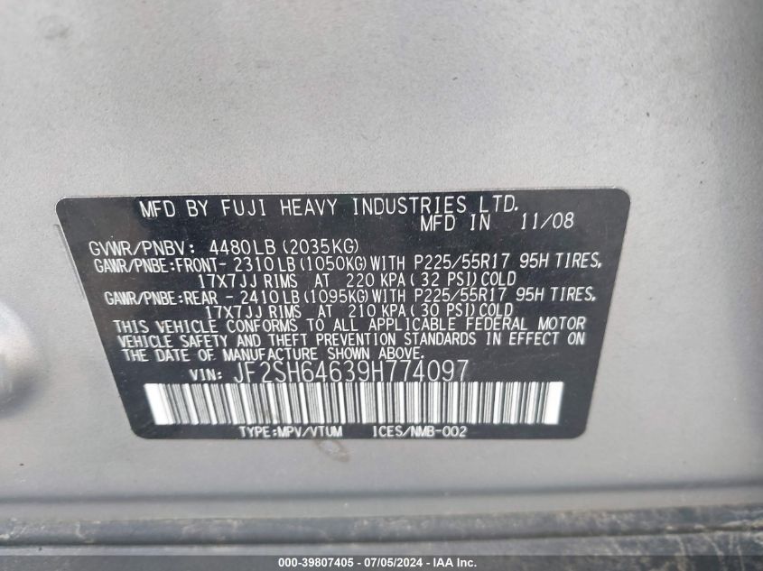 2009 Subaru Forester 2.5X Limited VIN: JF2SH64639H774097 Lot: 39807405