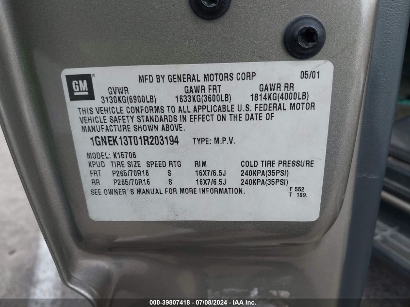2001 Chevrolet Tahoe K1500 VIN: 1GNEK13T01R203194 Lot: 39807418