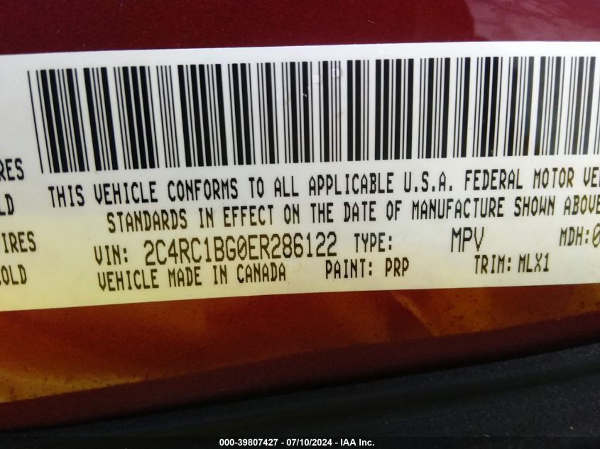 2014 Chrysler Town & Country Touring VIN: 2C4RC1BG0ER286122 Lot: 39807427