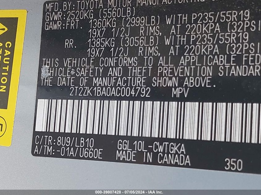 2010 Lexus Rx 350 350 VIN: 2T2ZK1BA0AC004792 Lot: 39807428