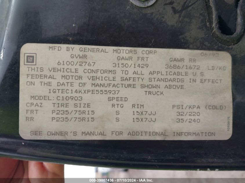 1993 GMC Sierra C1500 VIN: 1GTEC14KXPE555937 Lot: 39807436