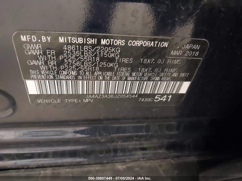 2018 Mitsubishi Outlander Es VIN: JA4AZ3A36JZ054544 Lot: 39807449