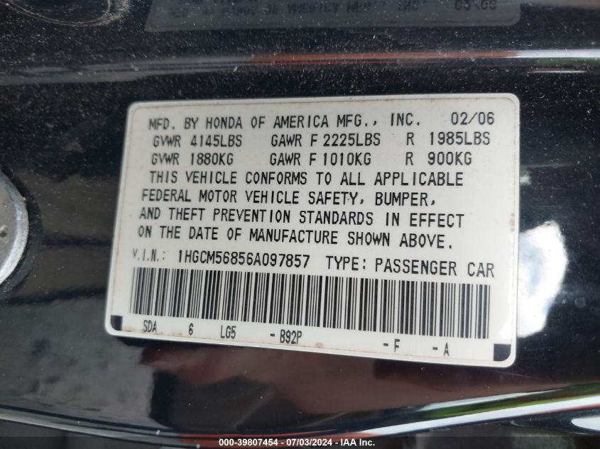 2006 Honda Accord 2.4 Ex VIN: 1HGCM56856A097857 Lot: 39807454