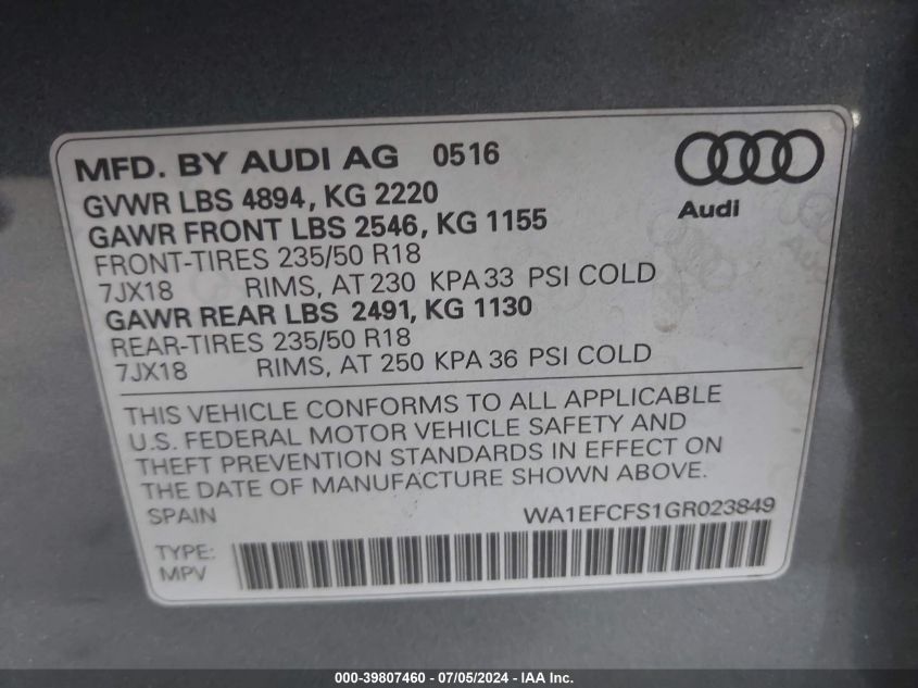 2016 Audi Q3 2.0T Premium Plus VIN: WA1EFCFS1GR023849 Lot: 39807460