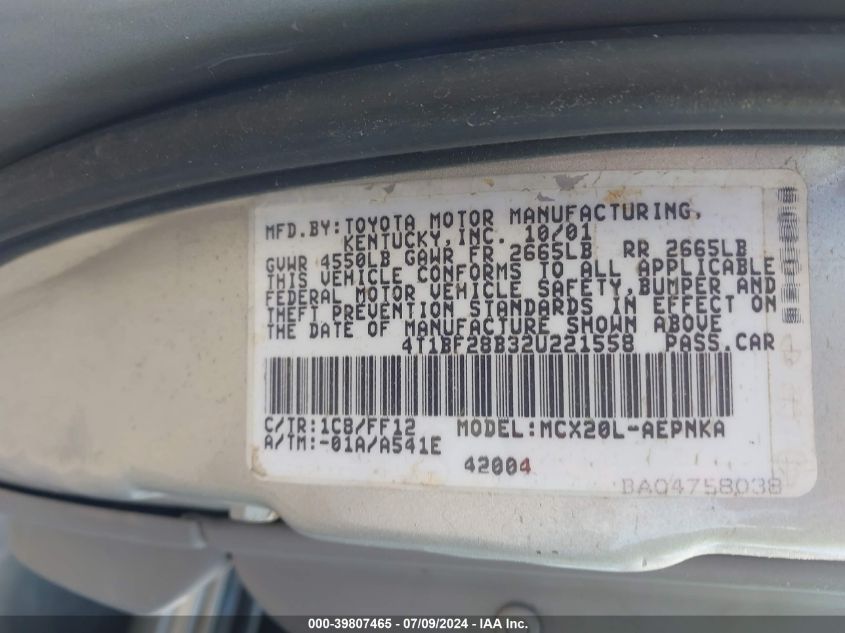 2002 Toyota Avalon Xl VIN: 4T1BF28B32U221558 Lot: 39807465