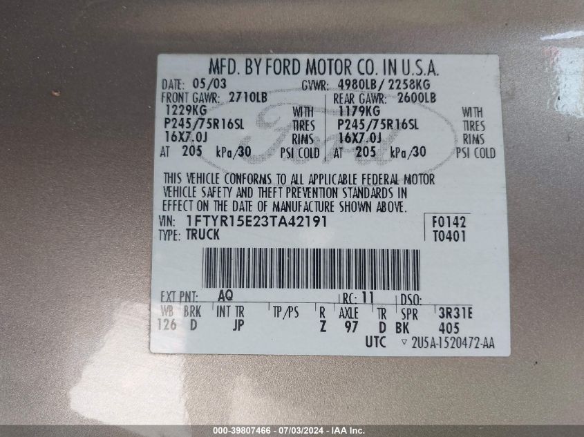 2003 Ford Ranger Xlt VIN: 1FTYR15E23TA42191 Lot: 39807466