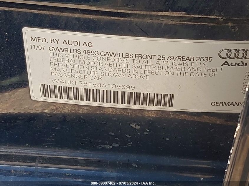 2008 Audi A4 2.0T/2.0T Avant Special Edition VIN: WAUKF78E58A109699 Lot: 39807482