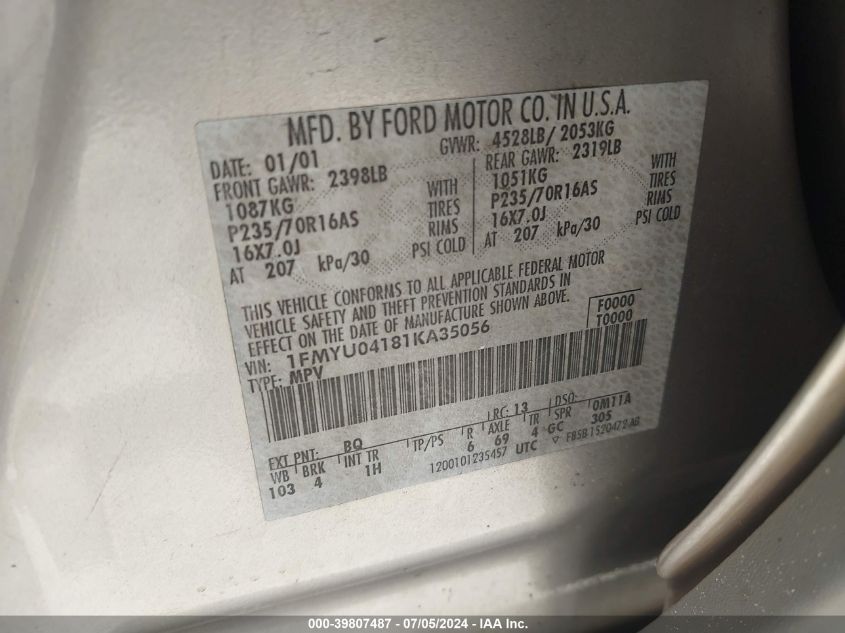 2001 Ford Escape Xlt VIN: 1FMYU04181KA35056 Lot: 39807487