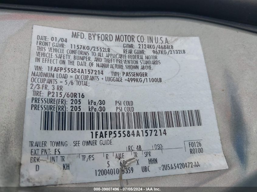 1FAFP55S84A157214 2004 Ford Taurus Ses