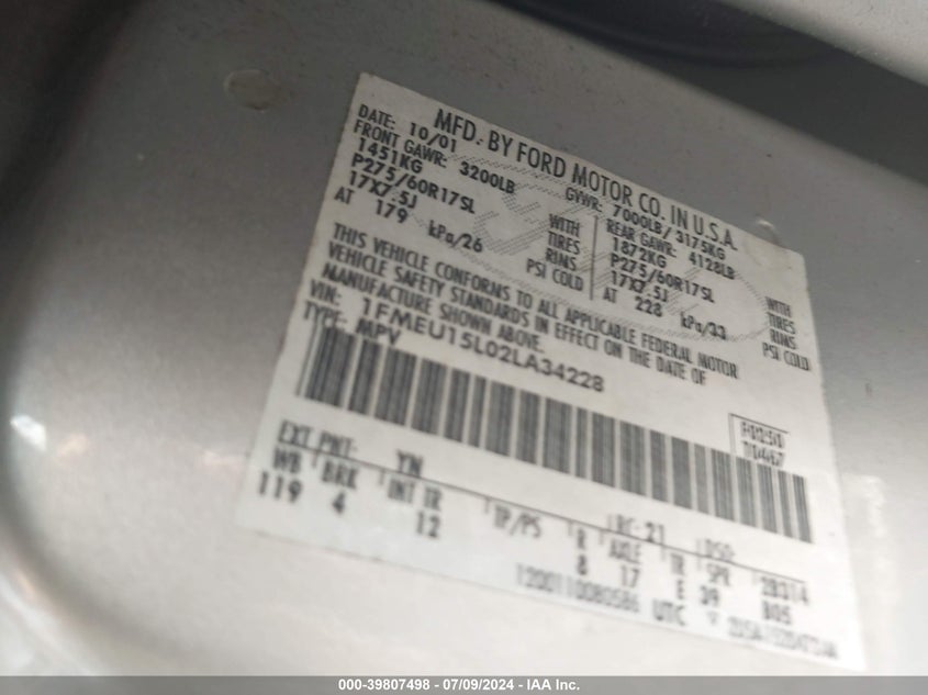 2002 Ford Expedition Xlt VIN: 1FMEU15L02LA34228 Lot: 39807498