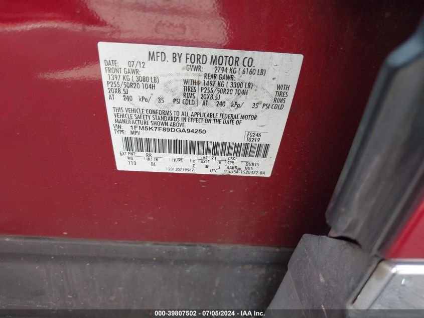 2013 Ford Explorer Limited VIN: 1FM5K7F89DGA94250 Lot: 39807502