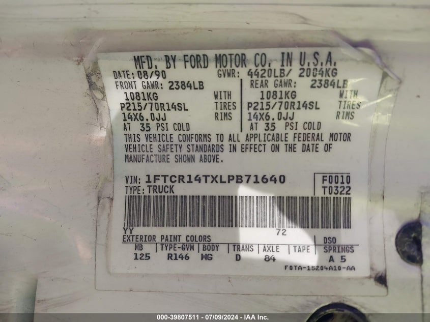 1990 Ford Ranger Super Cab VIN: 1FTCR14TXLPB71640 Lot: 39807511