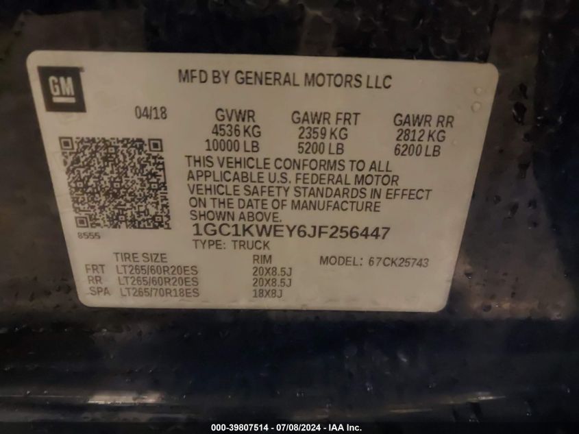 2018 Chevrolet Silverado 2500Hd Ltz VIN: 1GC1KWEY6JF256447 Lot: 39807514