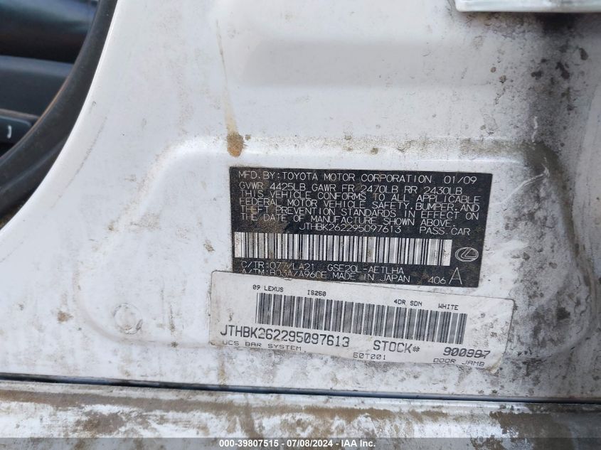 2009 Lexus Is 250 VIN: JTHBK262295097613 Lot: 39807515