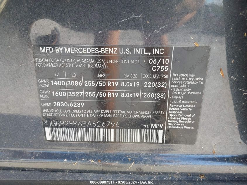 2011 Mercedes-Benz Ml 350 Bluetec 4Matic VIN: 4JGBB2FB6BA626796 Lot: 39807517