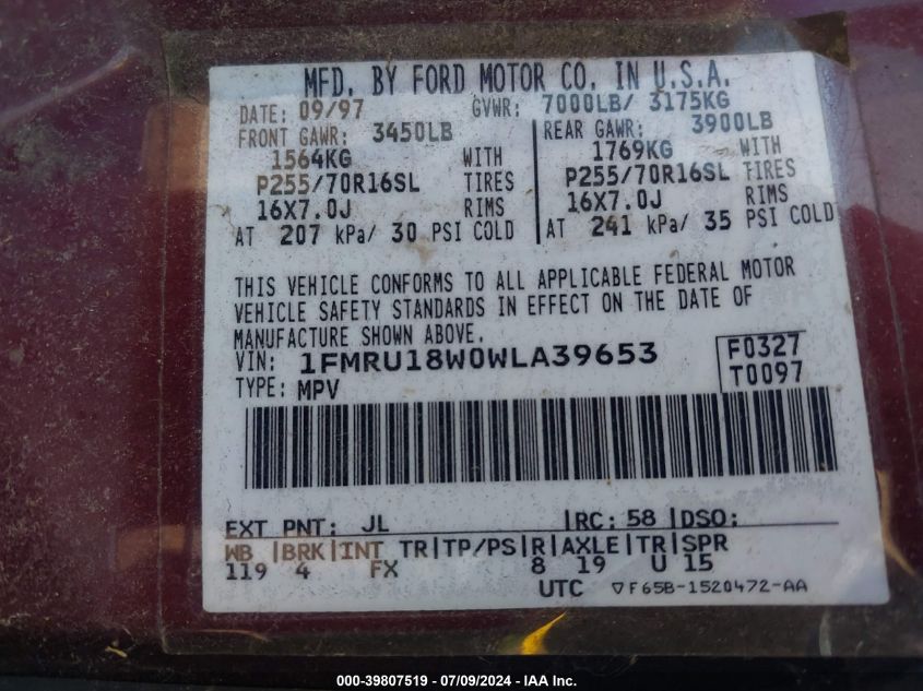 1998 Ford Expedition VIN: 1FMRU18W0WLA39653 Lot: 39807519
