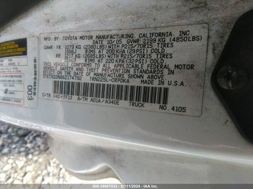 2006 Toyota Tacoma VIN: 5TETX22N86Z174792 Lot: 39807532