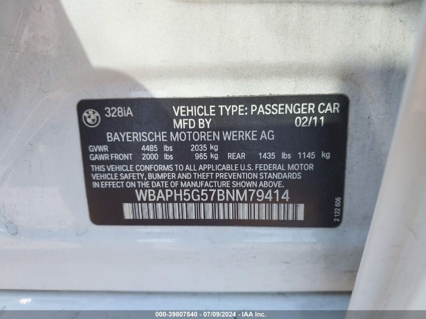 2011 BMW 328 I Sulev VIN: WBAPH5G57BNM79414 Lot: 39807540