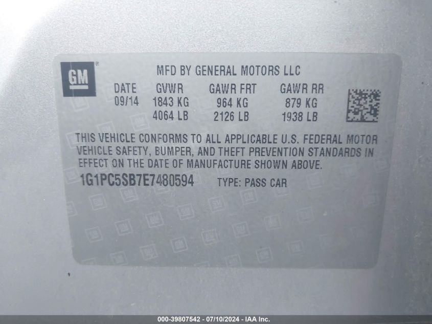 1G1PC5SB7E7480594 2014 Chevrolet Cruze 1Lt Auto