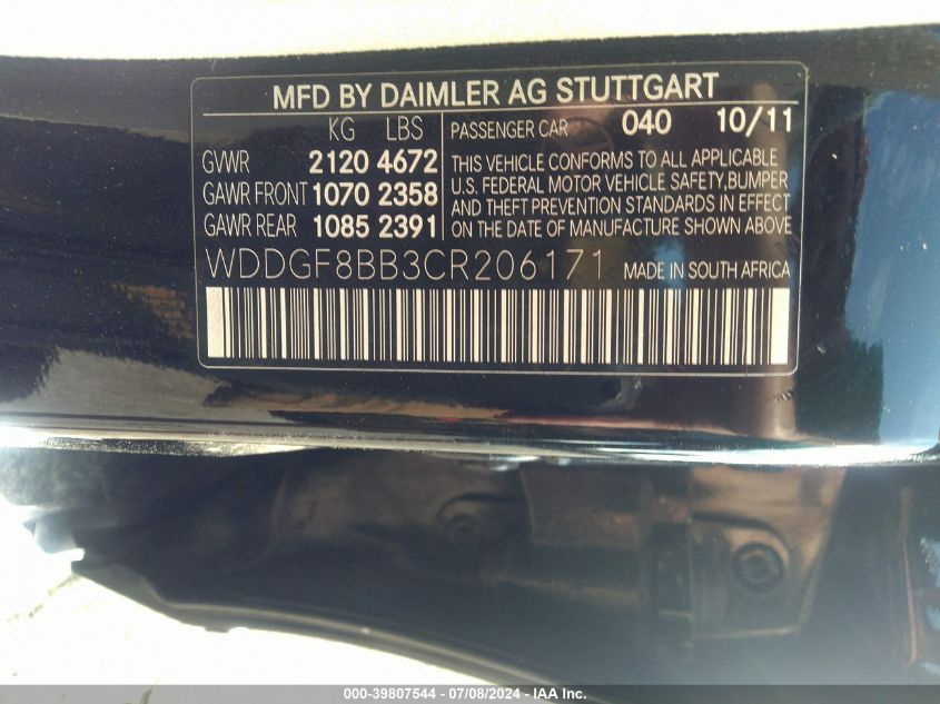 2012 Mercedes-Benz C 300 4Matic VIN: WDDGF8BB3CR206171 Lot: 39807544