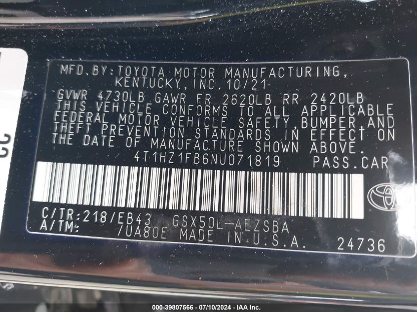 2022 Toyota Avalon Touring VIN: 4T1HZ1FB6NU071819 Lot: 39807566