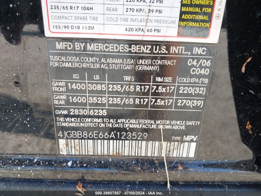 2006 Mercedes-Benz Ml 350 4Matic VIN: 4JGBB86E66A123529 Lot: 39807587