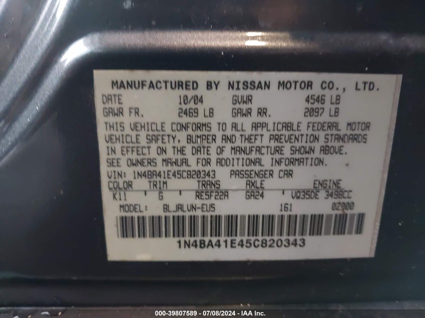 2005 Nissan Maxima 3.5 Sl VIN: 1N4BA41E45C820343 Lot: 39807589