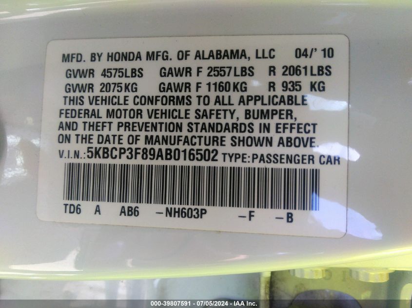 2010 Honda Accord 3.5 Ex-L VIN: 5KBCP3F89AB016502 Lot: 39807591