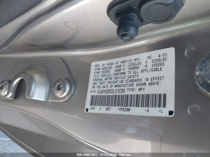 2003 Honda Element Ex VIN: 5J6YH28553L019390 Lot: 39807601