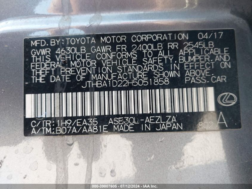 2017 Lexus Is 200T VIN: JTHBA1D22H5051858 Lot: 39807605