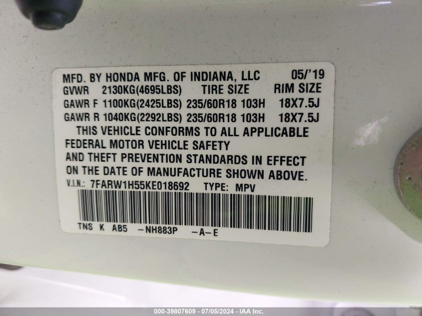 2019 Honda Cr-V Ex VIN: 7FARW1H55KE018692 Lot: 39807609