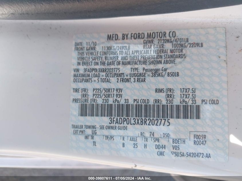 2011 Ford Fusion Hybrid VIN: 3FADP0L3XBR202775 Lot: 39807611