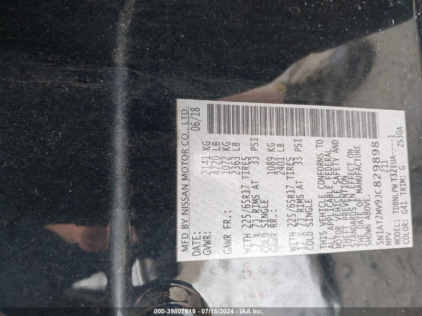 2018 Nissan Rogue S VIN: 5N1AT2MV9JC829898 Lot: 39807619