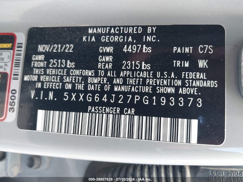 2023 Kia K5 Gt-Line VIN: 5XXG64J27PG193373 Lot: 39807628