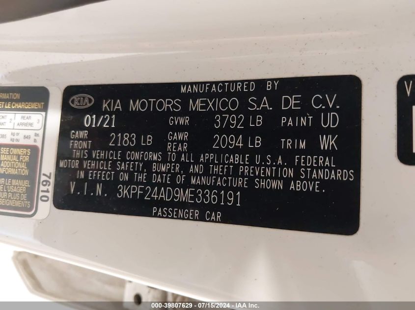 2021 Kia Forte Lxs VIN: 3KPF24AD9ME336191 Lot: 39807629