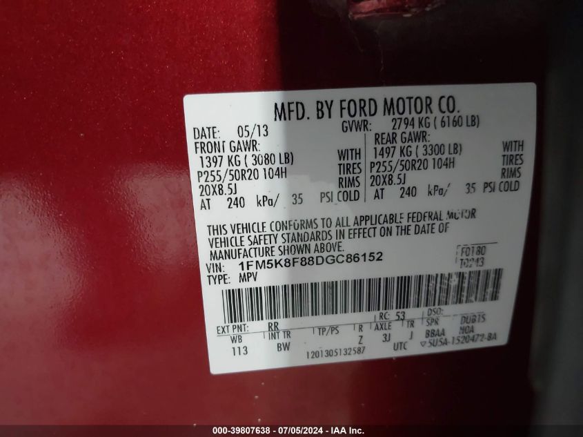 2013 Ford Explorer Limited VIN: 1FM5K8F88DGC86152 Lot: 39807638