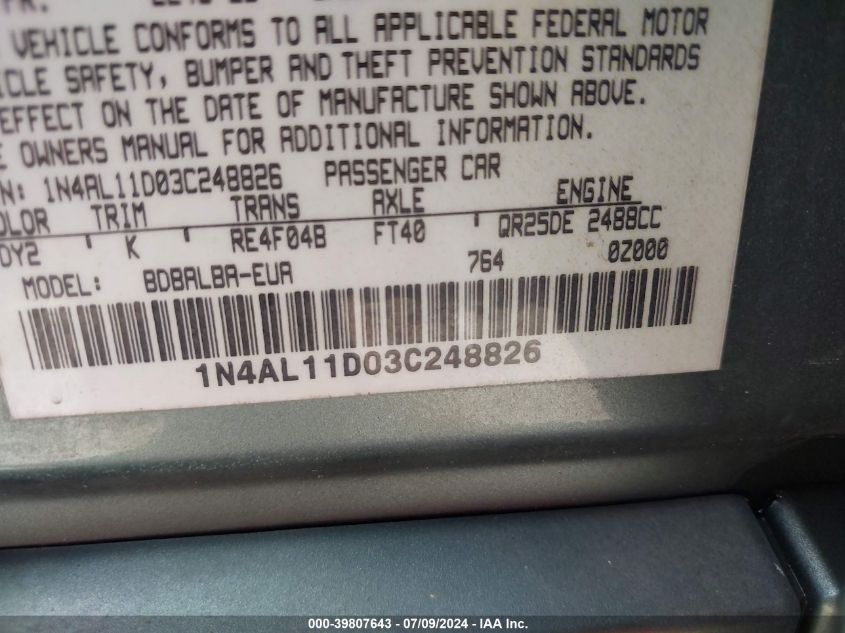 2003 Nissan Altima 2.5 S VIN: 1N4AL11D03C248826 Lot: 39807643