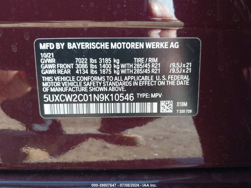 5UXCW2C01N9K10546 2022 BMW X7 xDrive40I