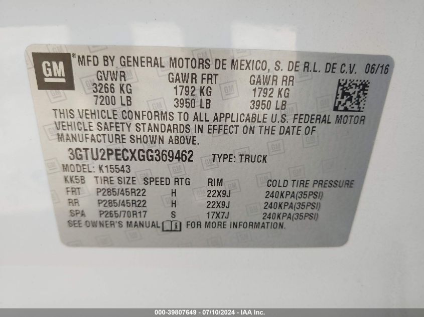2016 GMC Sierra 1500 Denali VIN: 3GTU2PECXGG369462 Lot: 39807649