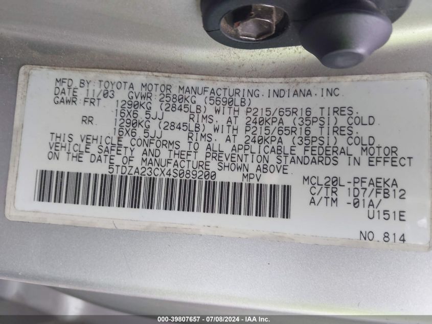 2004 Toyota Sienna Le VIN: 5TDZA23CX4S089200 Lot: 39807657