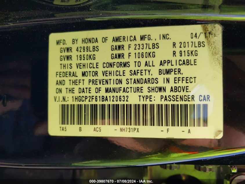 2011 Honda Accord Sdn Se VIN: 1HGCP2F61BA120632 Lot: 39807670