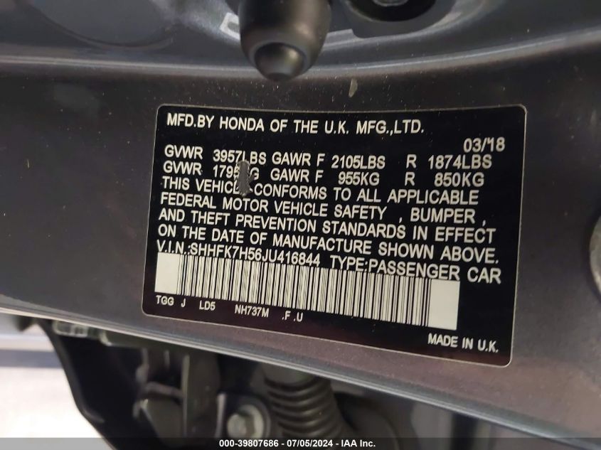 2018 Honda Civic Ex VIN: SHHFK7H56JU416844 Lot: 39807686
