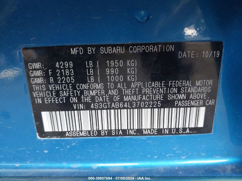 2020 Subaru Impreza 5-Door VIN: 4S3GTAB64L3702225 Lot: 39807694